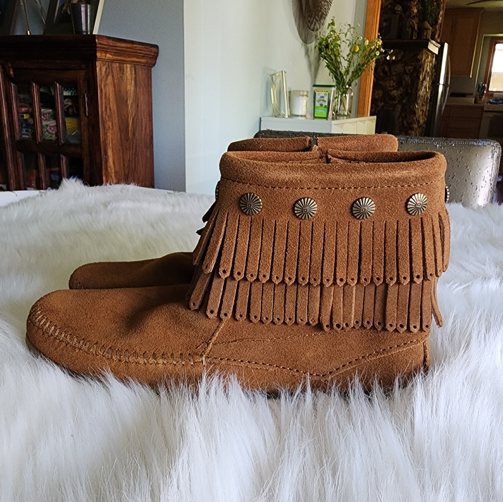 Fringed Suede Boots with Button Detail